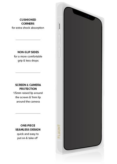 White iPhone case with cushioned corners, non-slip sides, and raised edges around screen and camera.
