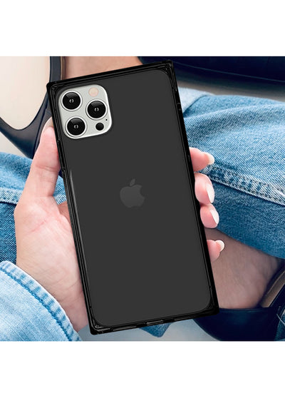 Clear black iPhone case with square shape held in hand, showing camera cutout and Apple logo.