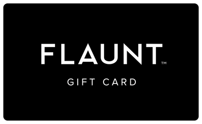 Black gift card with white "FLAUNT" text and "GIFT CARD" label.