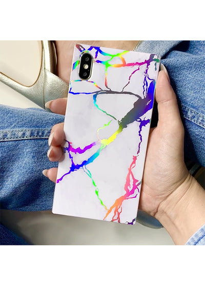White iPhone case with multicolored holographic marble veining in purple, pink, blue, green, and yellow.