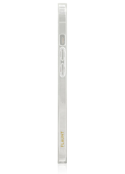 Clear iPhone case with gold "FLAUNT" text on bottom edge, shown from the side.
