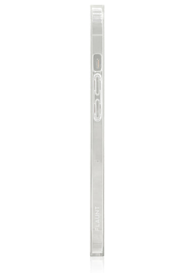 Metallic silver mirror iPhone case with square design, shown from side profile displaying button cutouts and FLAWNT branding.