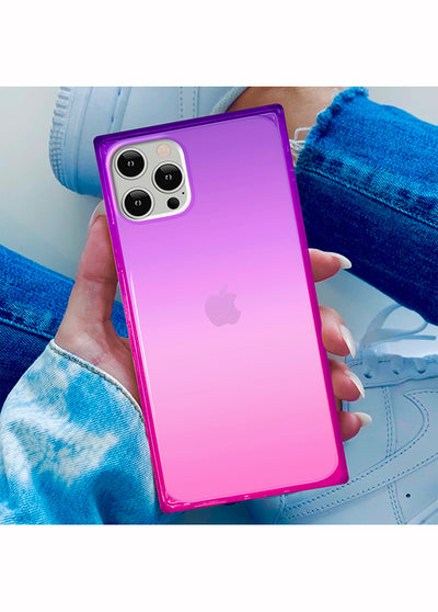 Square iPhone case with pink to purple ombre gradient and clear edges, held in hand showing triple camera cutout.