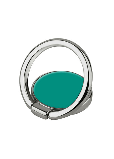 Teal and silver phone ring stand with adjustable grip loop and flat adhesive base.