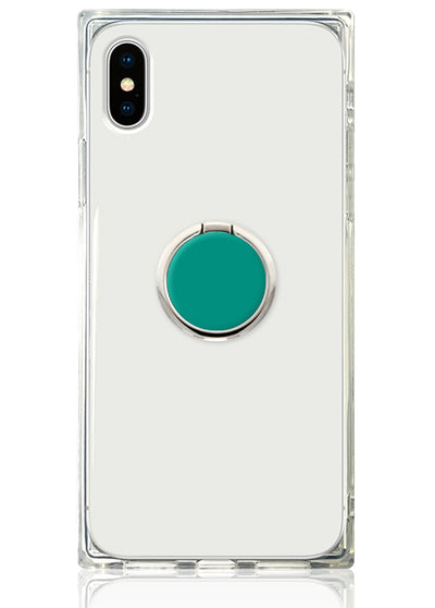 Clear phone case with teal circular ring stand mounted on back.