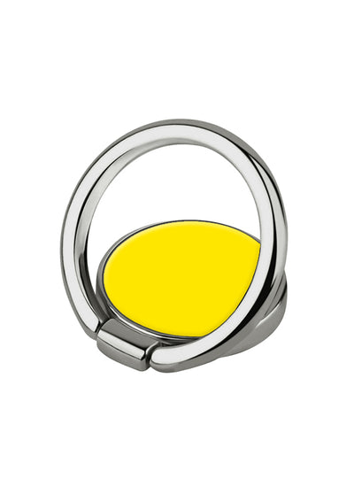Yellow and gray metal ring stand with oval grip surface and rotating band for phone mounting.