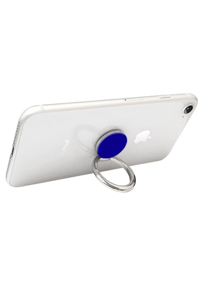 Cobalt blue adhesive ring stand attached to white smartphone, with metal band extending from circular base for holding device