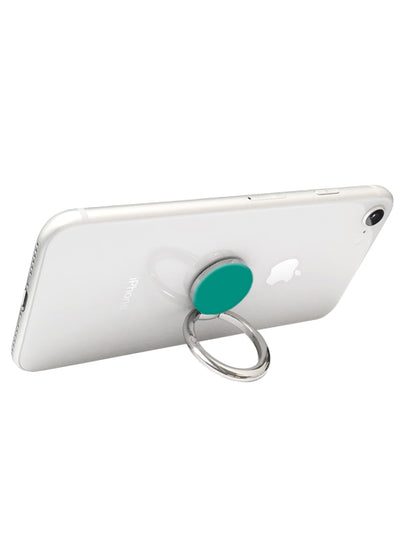 Teal oval ring stand attached to white smartphone back with metal loop for finger grip.