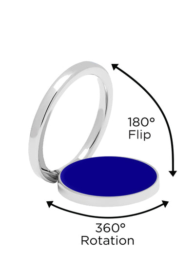 Cobalt blue phone ring stand with silver metal loop, showing 360-degree rotation and 180-degree flip capabilities.