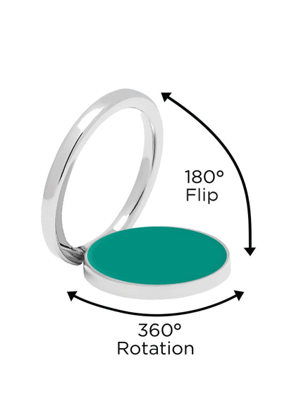 Teal and silver phone ring stand with 180-degree flip and 360-degree rotation capability.