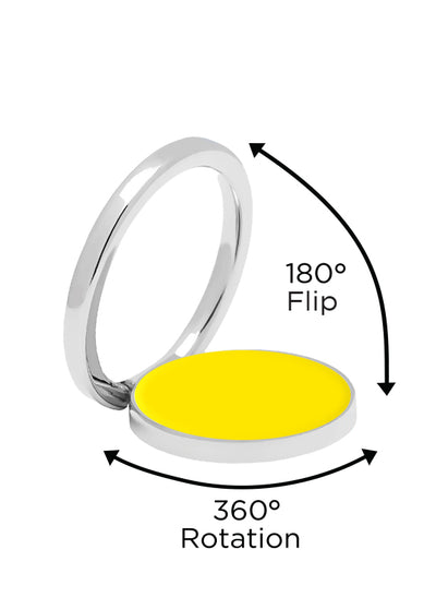 Yellow and silver ring phone stand with 360-degree rotation and 180-degree flip capability.