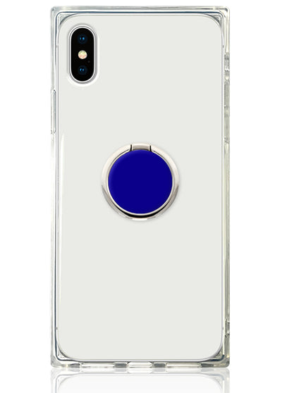 Clear phone case with cobalt blue circular ring stand attached to back.