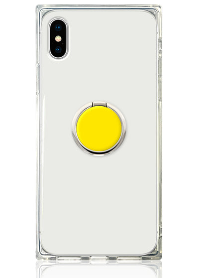 Clear phone case with yellow circular ring stand attached to the back.