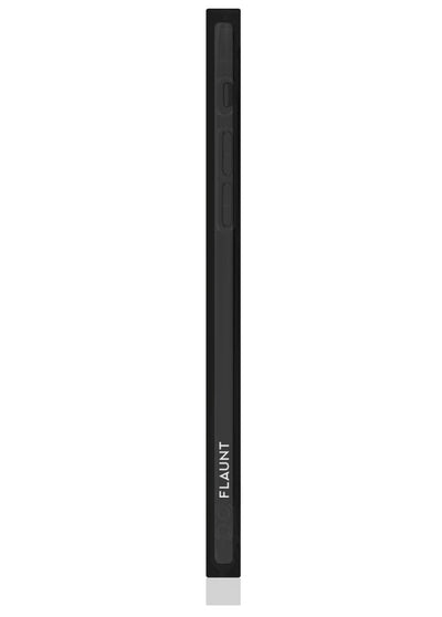 Black iPhone case with clear back panel and squared edges, shown from the side.