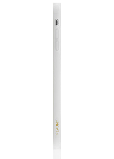 White iPhone case with button cutouts and "FLAUNT" text on spine, shown from side view.