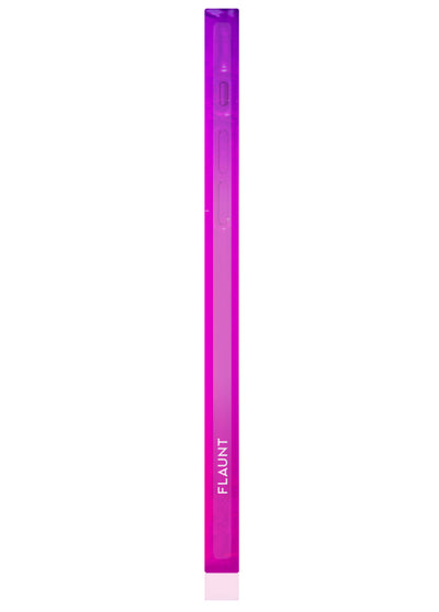 iPhone case with pink to purple ombre gradient, fading to clear at top, with square cutouts and FLAUNT branding on spine.