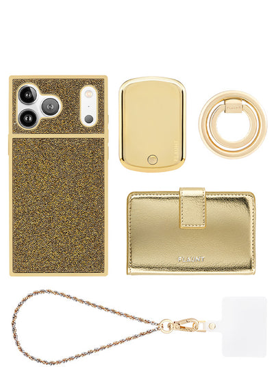 Gold glitter phone case with matching accessories including compact mirror, wallet, ring holder, and chain wristlet.