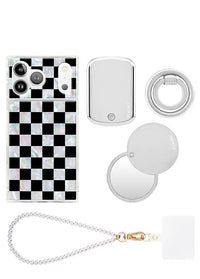 ["Phone", "case", "with", "black", "and", "white", "checkered", "mother", "of", "pearl", "pattern,", "white", "compact", "mirror,", "circular", "lens", "ring,", "pearl", "beaded", "str"]
