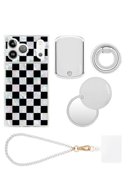 Phone case with black and white checkered mother of pearl pattern, white compact mirror, circular lens ring, pearl beaded str