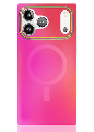 Pink iridescent satin iPhone case with rainbow-striped camera ring and magnetic charging circle on back.