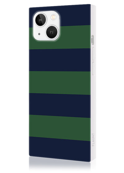Navy &amp; Green Rugby Stripe SQUARE iPhone Case #iPhone 16e/14/13 + MagSafe
