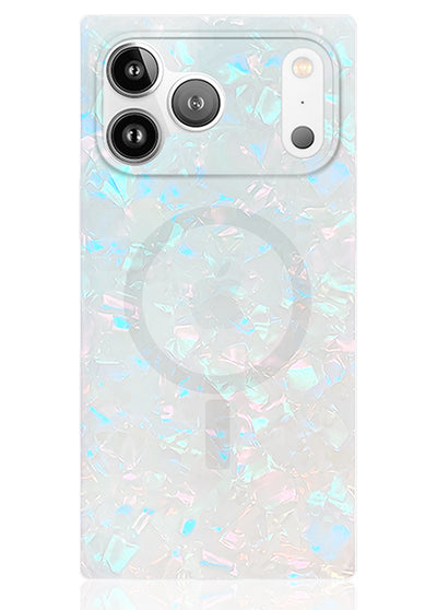 Clear phone case with iridescent confetti pattern and magnetic ring attachment for square smartphone.