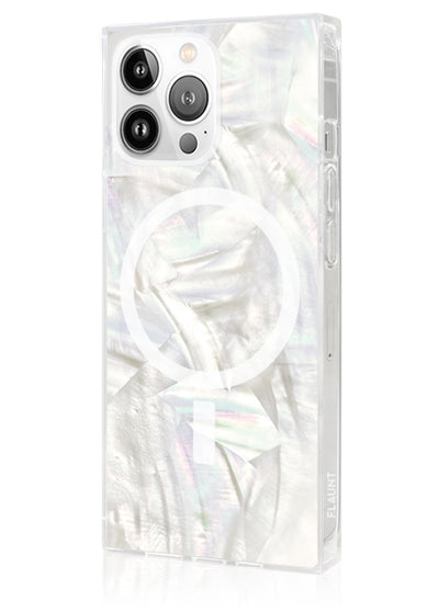 Geo White Mother of Pearl SQUARE iPhone Case #iPhone 14 Pro + MagSafe