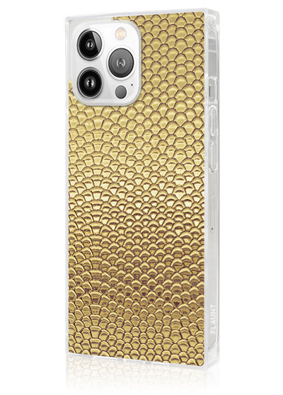Gold Metallic Snakeskin Faux Leather Square iPhone Case #iPhone 14 Pro + MagSafe