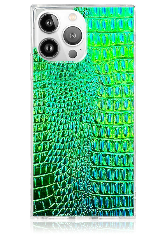 Funda para iPhone SQUARE® de piel sintética con diseño de cocodrilo iridiscente verde