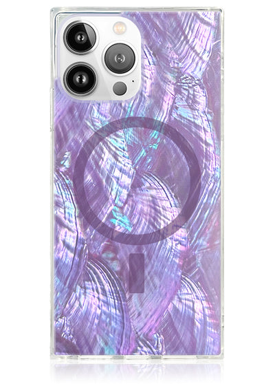 Purple Mother of Pearl Square iPhone Case #iPhone 14 Pro + MagSafe