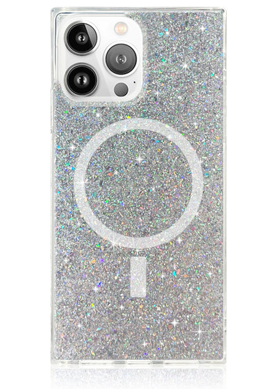 Silver Glitter Square iPhone Case #iPhone 15 Pro + MagSafe