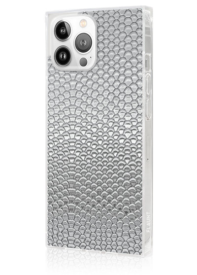 Silver Metallic Snakeskin Faux Leather Square iPhone Case #iPhone 13 Pro + MagSafe