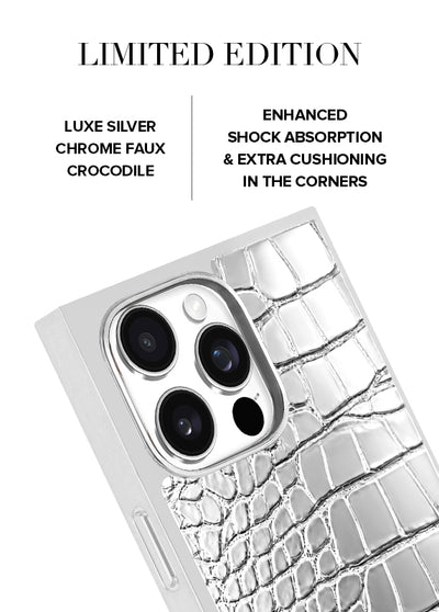 SQUARE Chromed Silver Faux Croc iPhone Case #iPhone 15 Pro Max + MagSafe, iPhone 15 Pro + MagSafe