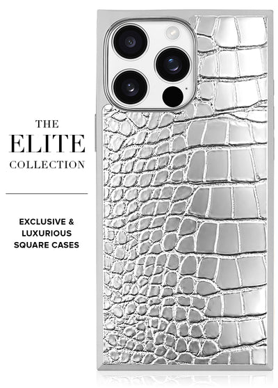 SQUARE Chromed Silver Faux Croc iPhone Case #iPhone 16 Pro Max + MagSafe, iPhone 16 Pro + MagSafe