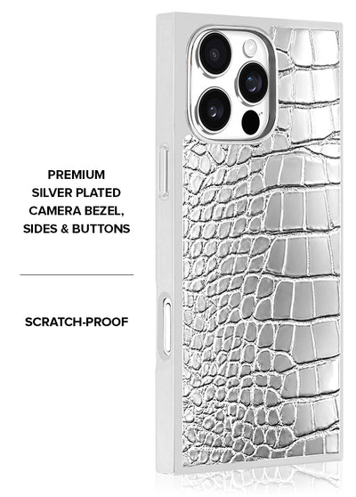 SQUARE Chromed Silver Faux Croc iPhone Case #iPhone 16 Pro Max + MagSafe, iPhone 16 Pro + MagSafe