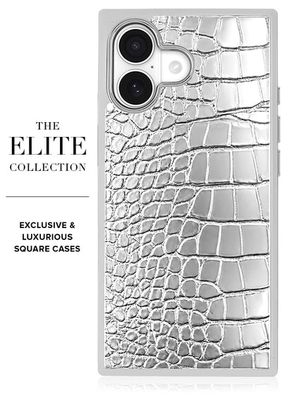 SQUARE Chromed Silver Faux Croc iPhone Case #iPhone 17 + MagSafe