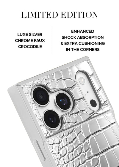 SQUARE Chromed Silver Faux Croc iPhone Case #iPhone 17 Pro + MagSafe