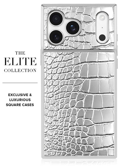 SQUARE Chromed Silver Faux Croc iPhone Case #iPhone 17 Pro Max + MagSafe