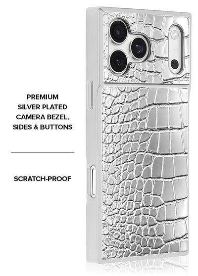 SQUARE Chromed Silver Faux Croc iPhone Case #iPhone 17 Pro Max + MagSafe