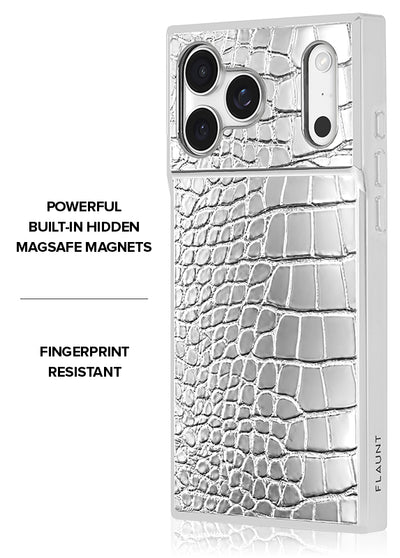 SQUARE Chromed Silver Faux Croc iPhone Case #iPhone 17 Pro Max + MagSafe