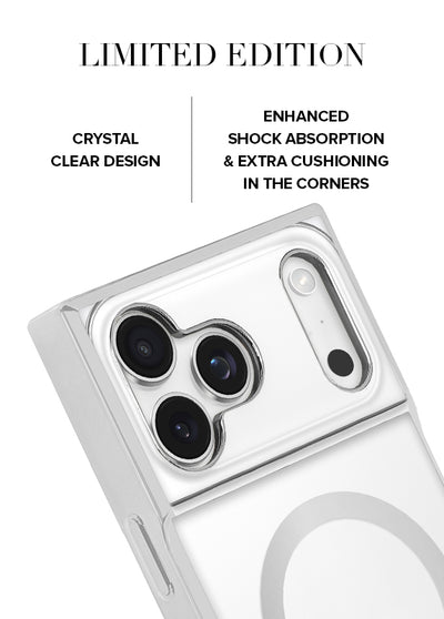 Gilded Crystal Clear Silver SQUARE iPhone Case #iPhone 18 Pro Max + MagSafe,iPhone 18 Pro + MagSafe
