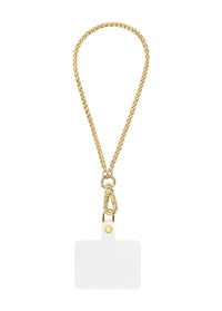 ["Gold", "wheat", "chain", "phone", "charm", "with", "white", "silicone", "card", "holder", "attachment", "and", "carabiner", "clasp."]