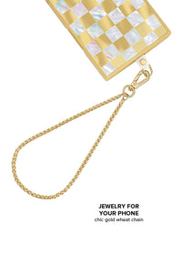 ["Gold", "wheat", "chain", "phone", "charm", "with", "clasp", "loop", "attachment", "and", "decorative", "checkered", "case."]