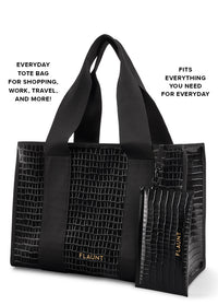 Black Crocodile Faux Leather Everyday Tote Bag - Large 17 x 12 x 8 in Everyday Carryall - Airline-Approved for Travel