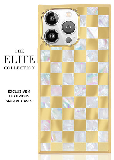 Gold Checkered Mother of Pearl SQUARE iPhone Case #iPhone 15 Pro Max + MagSafe, iPhone 15 Pro + MagSafe, iPhone 14 Pro Max + MagSafe, iPhone 14 Pro + MagSafe, iPhone 13 Pro Max + MagSafe, iPhone 13 Pro + MagSafe