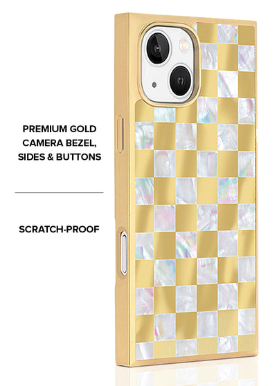 Gold Checkered Mother of Pearl SQUARE iPhone Case #iPhone 16e/15/14/13 + MagSafe
