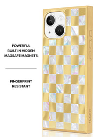 ["Gold", "Checkered", "Mother", "of", "Pearl", "SQUARE", "iPhone", "Case", "#iPhone", "16e/15/14/13", "+", "MagSafe"]