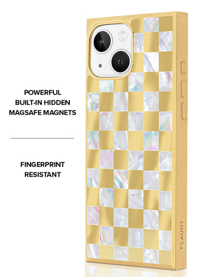 Gold Checkered Mother of Pearl SQUARE iPhone Case #iPhone 16e/15/14/13 + MagSafe
