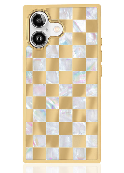 Gold Checkered Mother of Pearl SQUARE iPhone Case #iPhone 17 + MagSafe