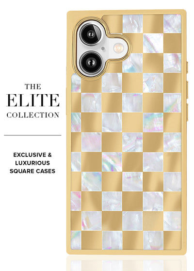 Gold Checkered Mother of Pearl SQUARE iPhone Case #iPhone 17 + MagSafe